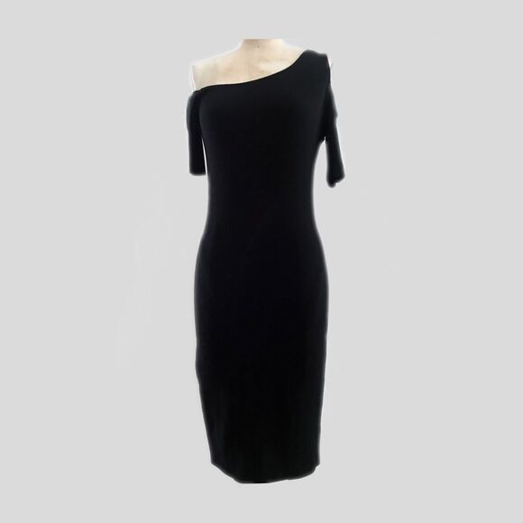 Helmut Lang Black Stretch Knit Asymmetric Exposed Shoulder LBD Mini Dress - S - Picture 1 of 9